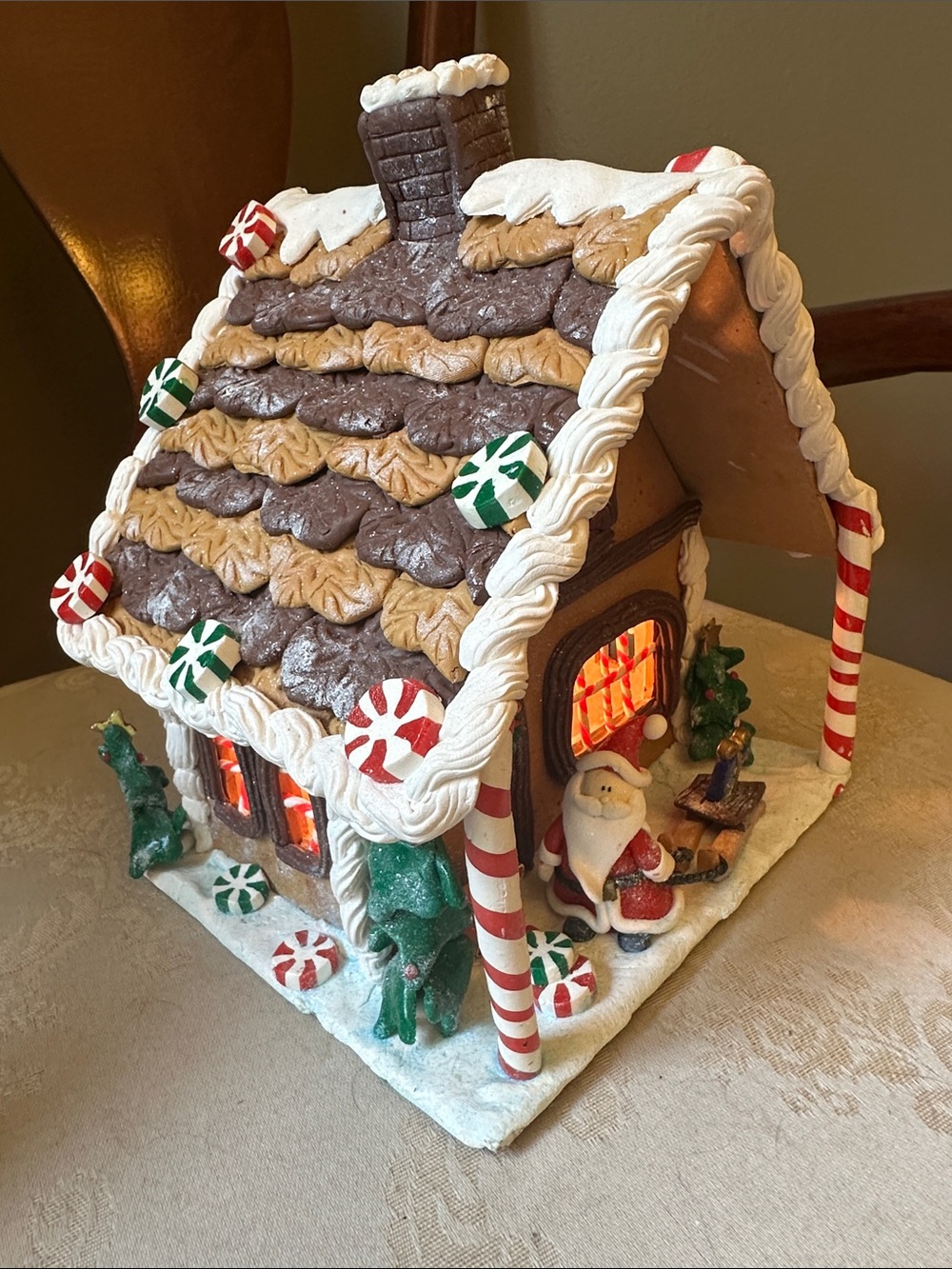 Vintage claydough, polymer clay gingerbread house with Santa plug in to light up